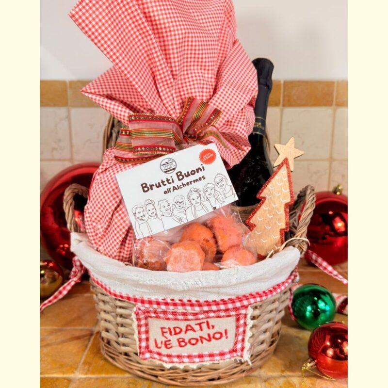 C'è aria di festa! – Cesto regalo natalizio con Panettone, Prosecco e Biscotti Artigianali