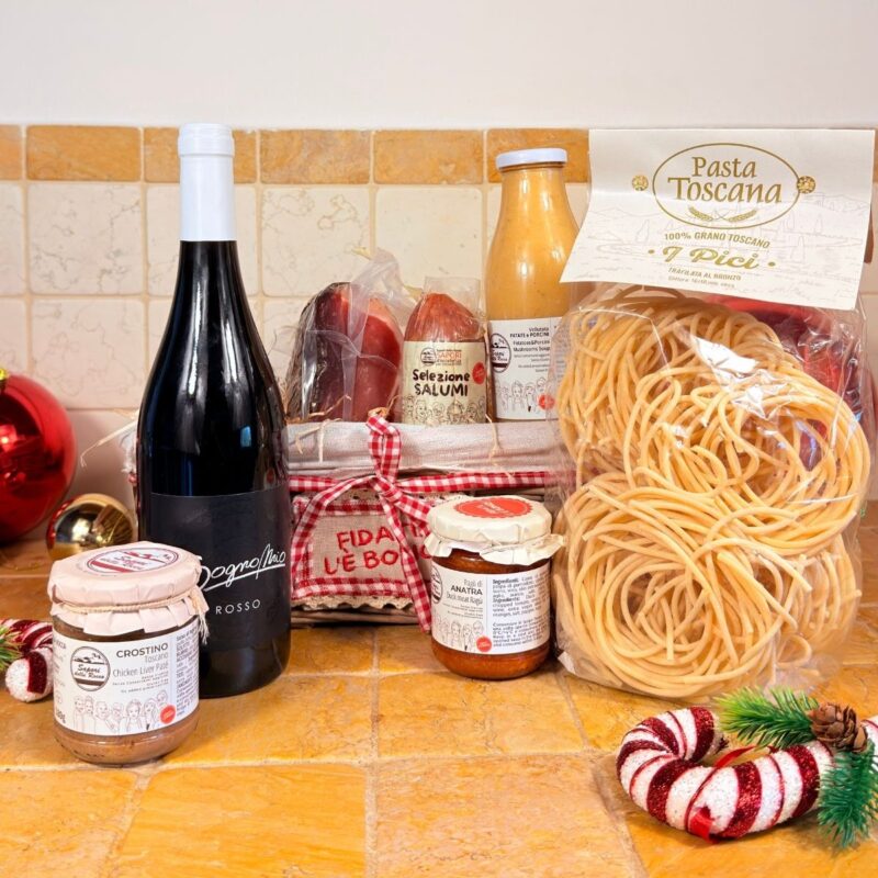 Cesto regalo La Grande Festa con vino rosso, Pici, Ragù d'Anatra, Crostino Toscano, prosciutto, salamino e vellutata