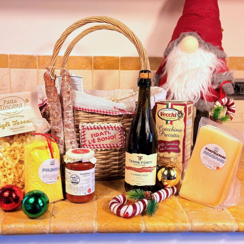 Cesta regalo Un Natale da Gustare con Lambrusco, salamella, cotechino, pasta toscana, Pomarola, polenta e Parmigiano